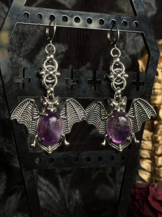 SCREECHER CREATURE - Amethyst Bat Pendant Ear Hangers