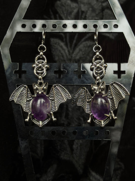 SCREECHER CREATURE - Amethyst Bat Pendant Ear Hangers