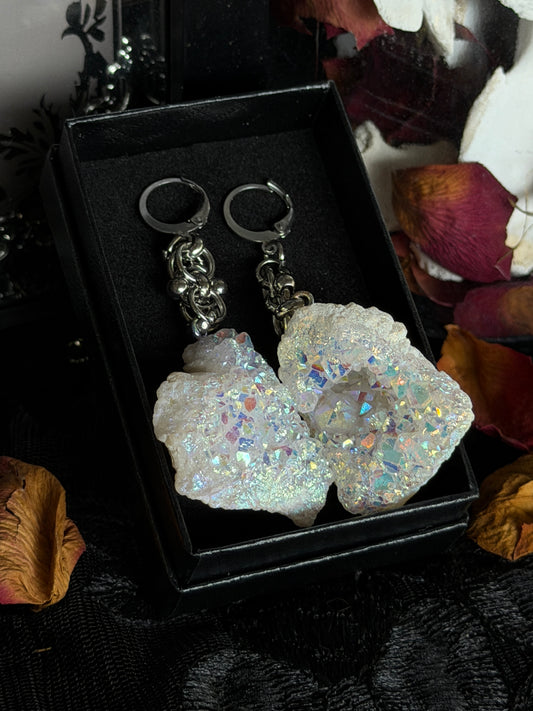 SILVER GLACIER - Druzy Quartz Chunk Ear Hangers