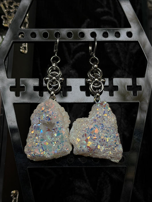 SILVER GLACIER - Druzy Quartz Chunk Ear Hangers