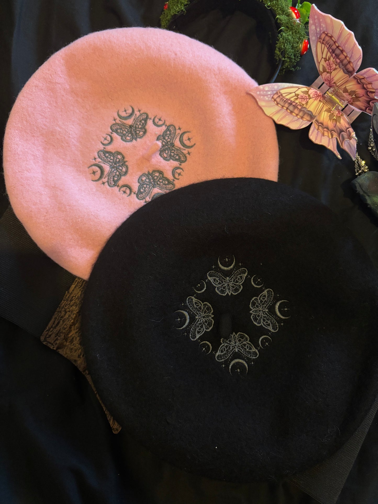 MOTH & MOON -  embroidered beret