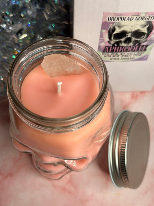 APHRODITE - Rose Musk crystal skull head soy candle